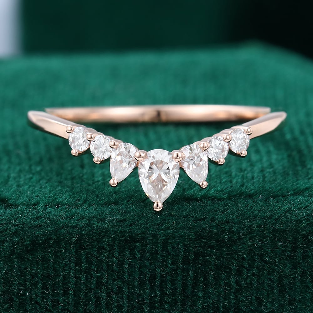 14K Rose Gold Pear Shaped Moissanite Curved Wedding Band